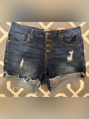 Mudd Dark Blue Distressed Button-Front Jean Shorts